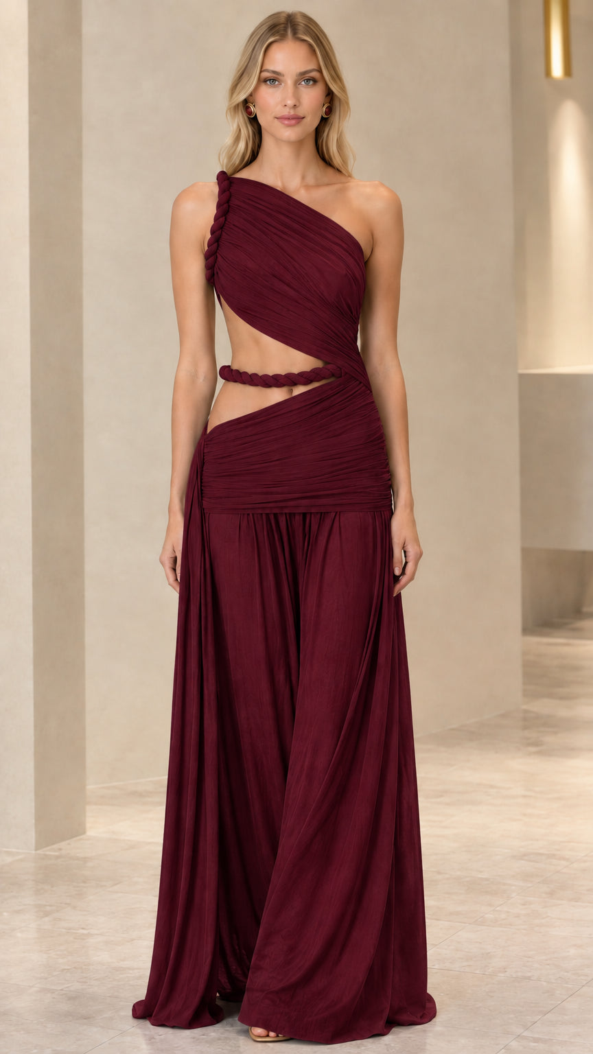 Burgundy wine red one-shoulder pleated cutout evening jumpsuit