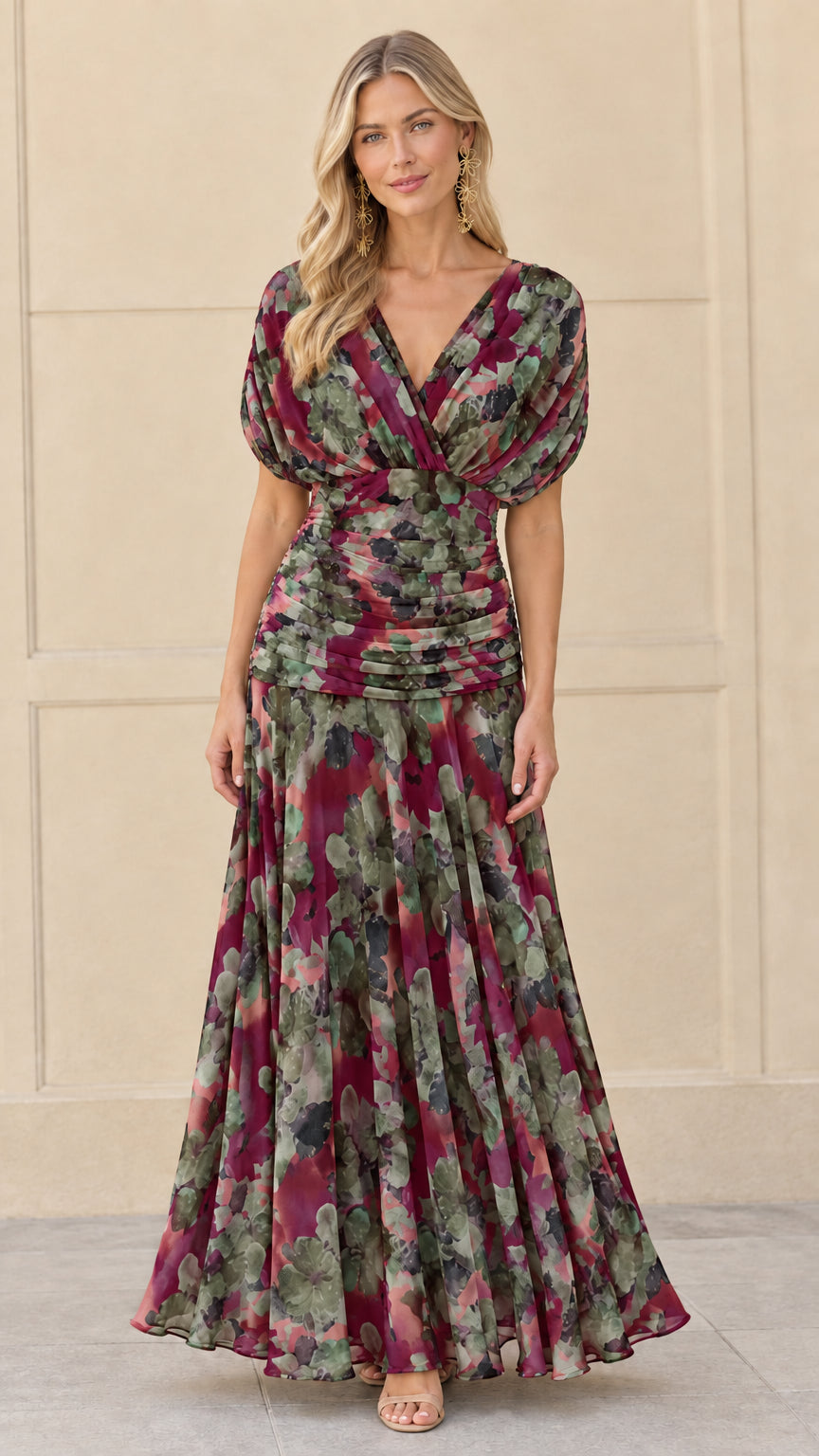 Front view of woman wearing wine red floral chiffon ruched maxi dress