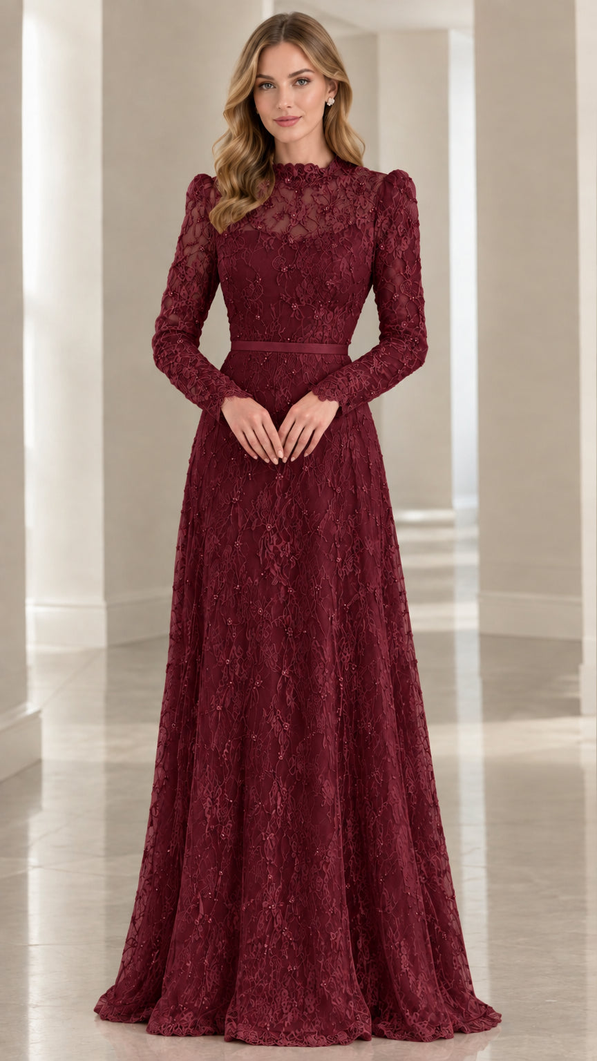 Model wearing rich burgundy long-sleeve lace evening gown