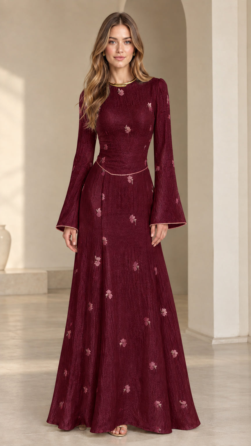 Front view of model wearing burgundy wine floral jacquard bell sleeve maxi dress