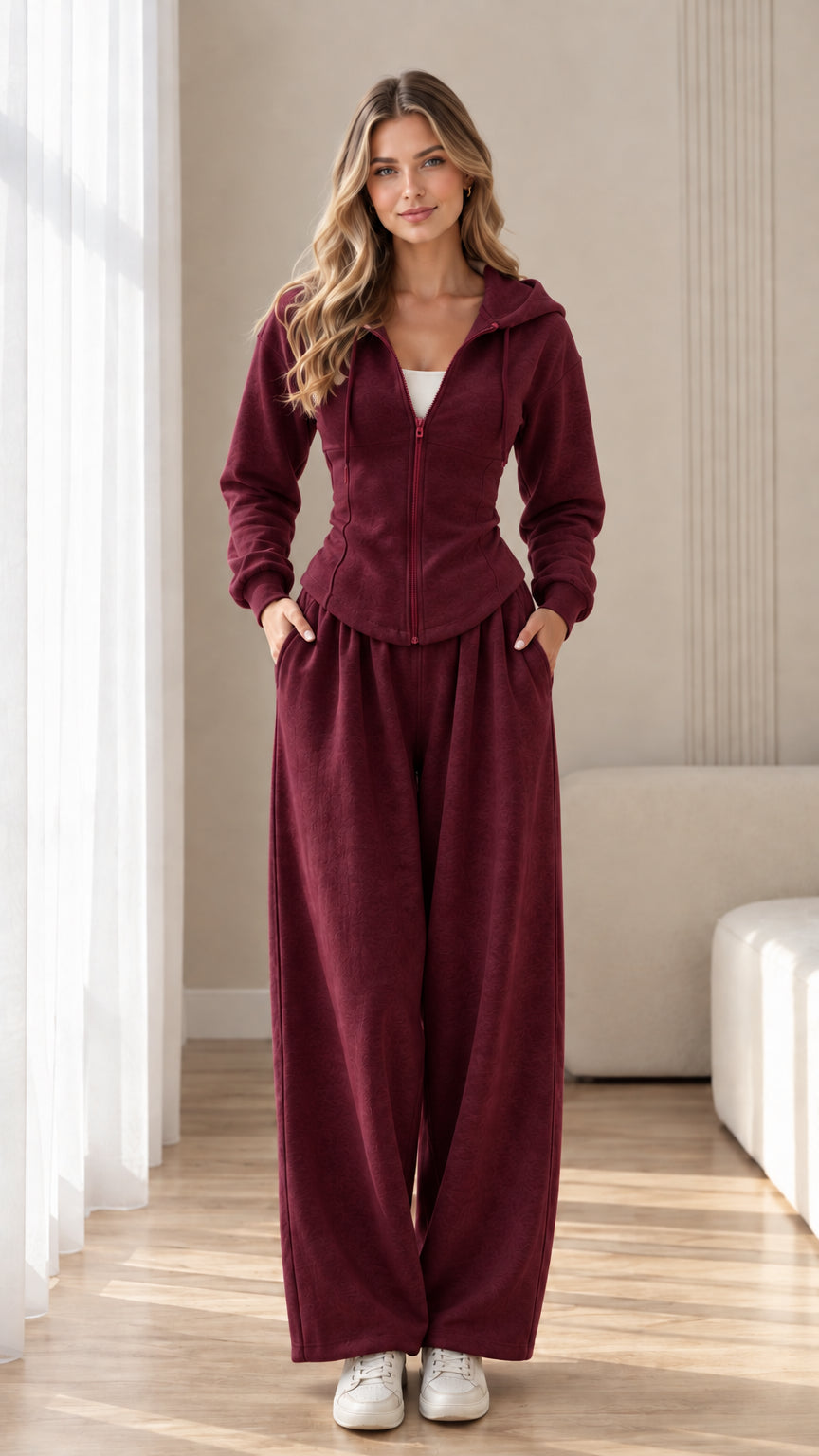 Front view of model wearing burgundy red corset hoodie and wide-leg sweatpants set