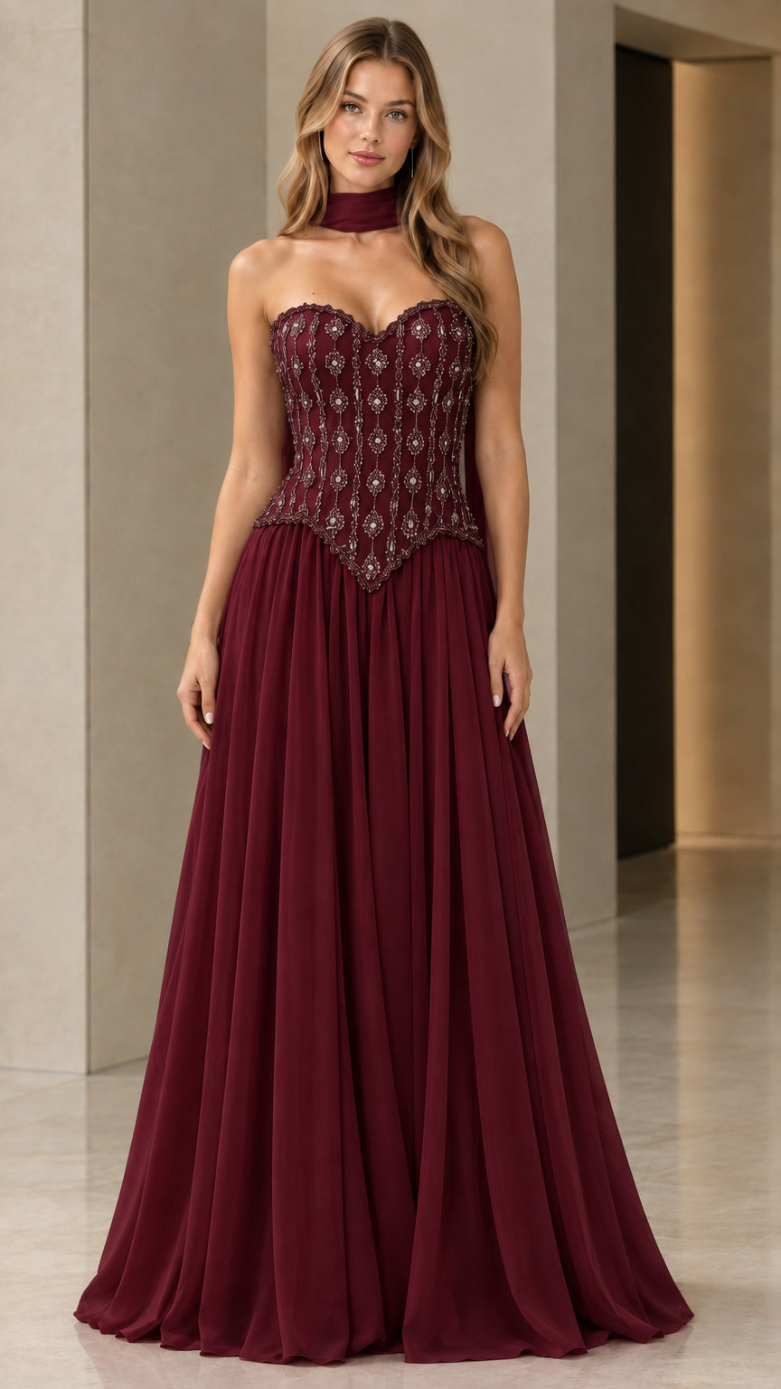Front view of burgundy wine beaded basque waist evening gown