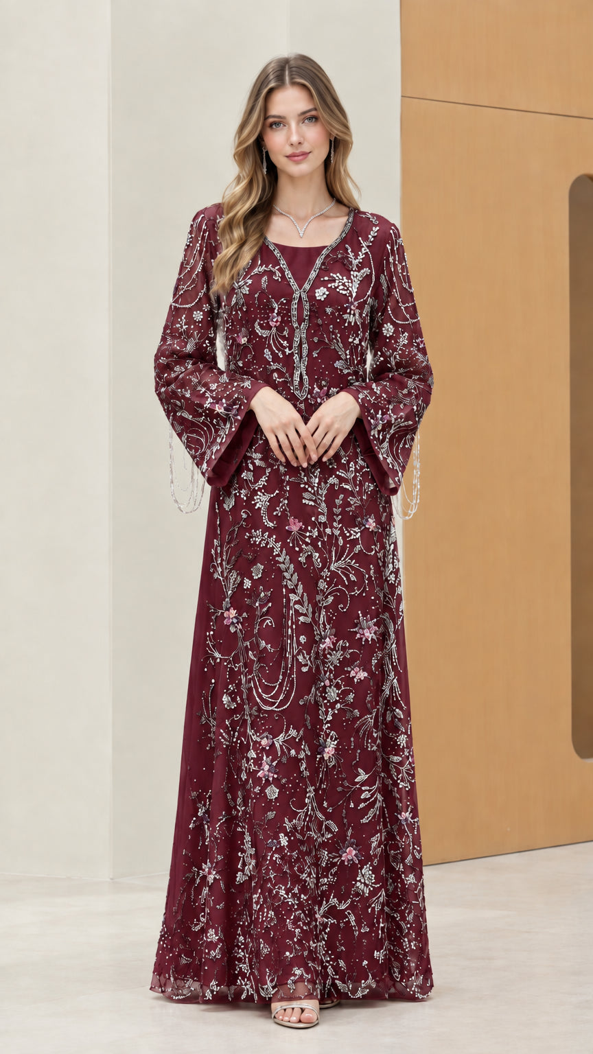 Model wearing Burgundy red embroidered sequin formal evening dress