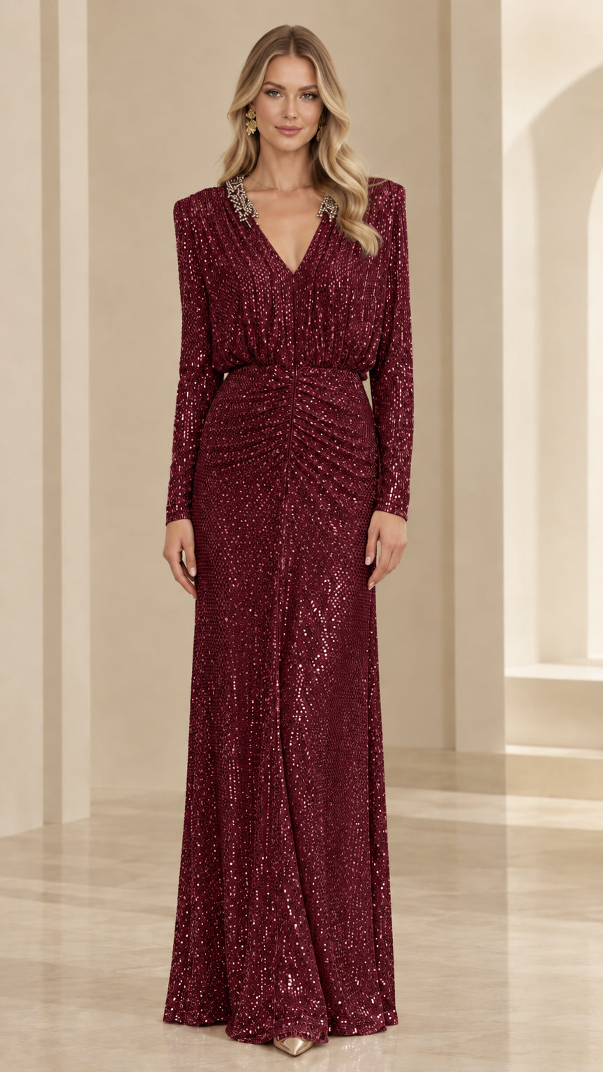 Burgundy wine red long sleeve sequin evening gown with embellished neckline