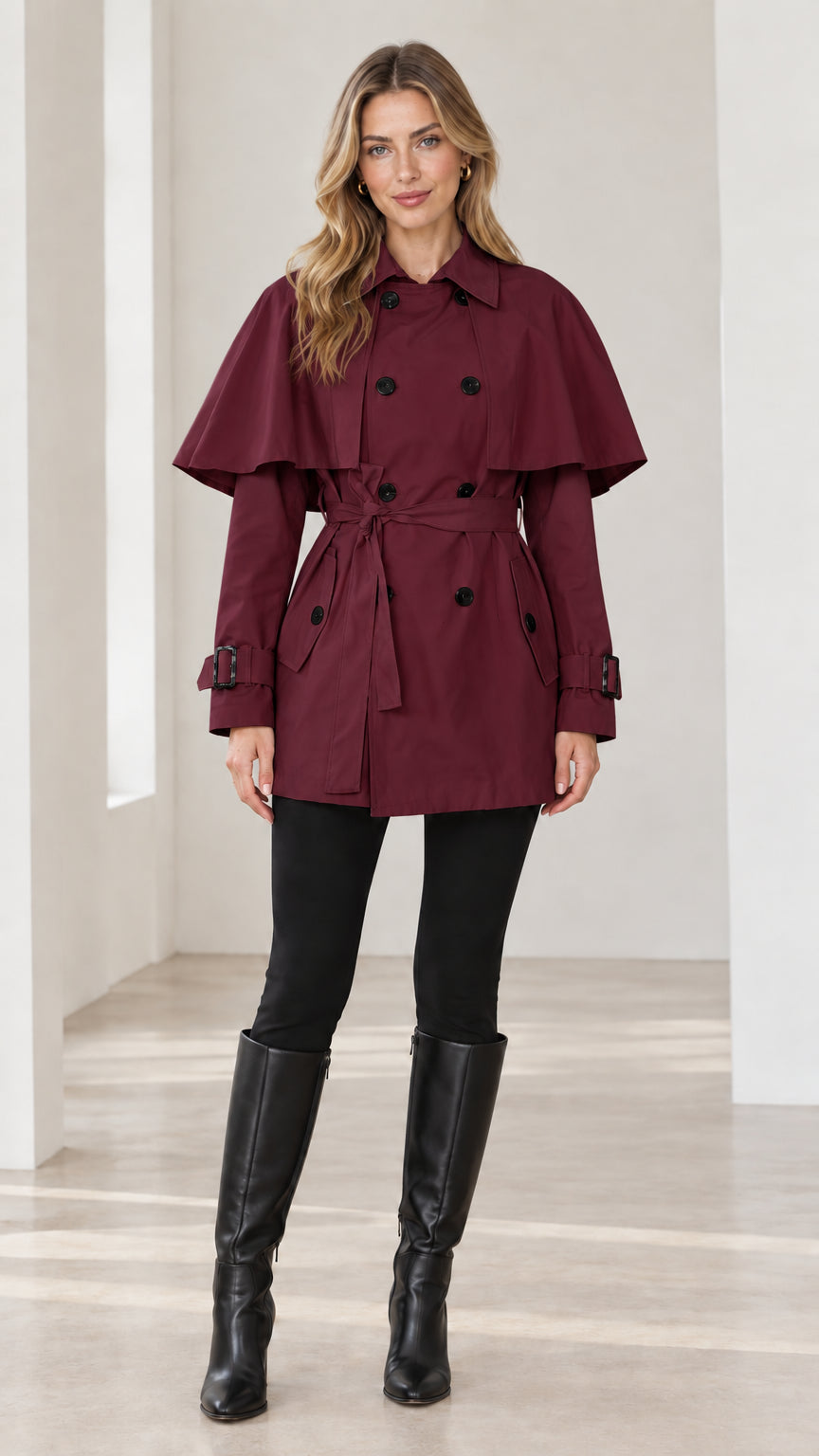 Front full-length view of Burgundy wine red capelet double-breasted trench coat
