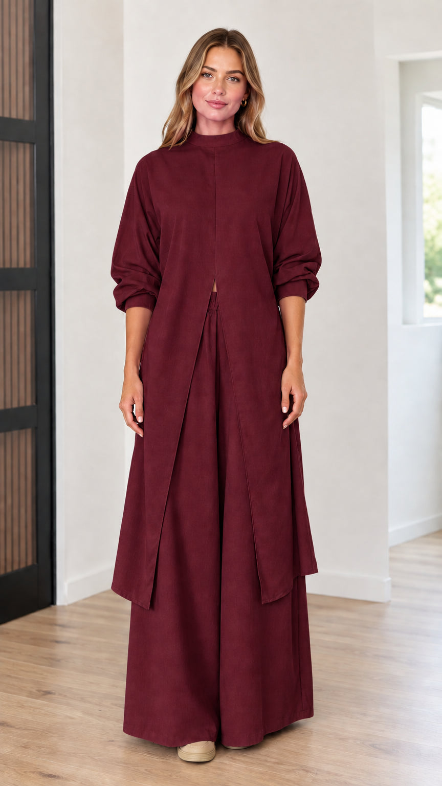 Full-length front view of model wearing burgundy longline tunic top and wide-leg pants set