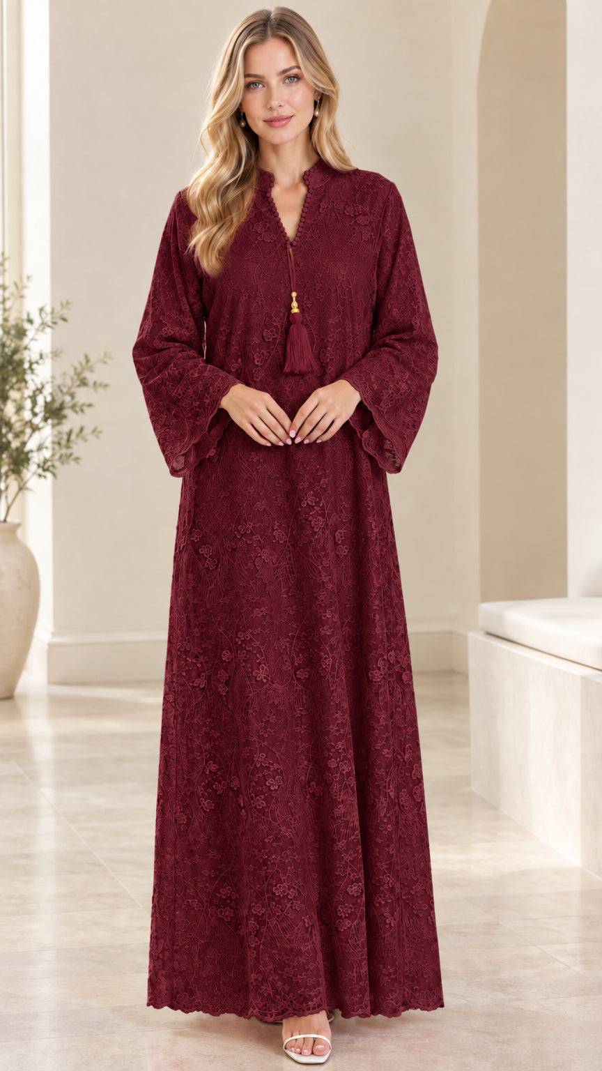 Front view of woman wearing burgundy wine red floral lace maxi dress