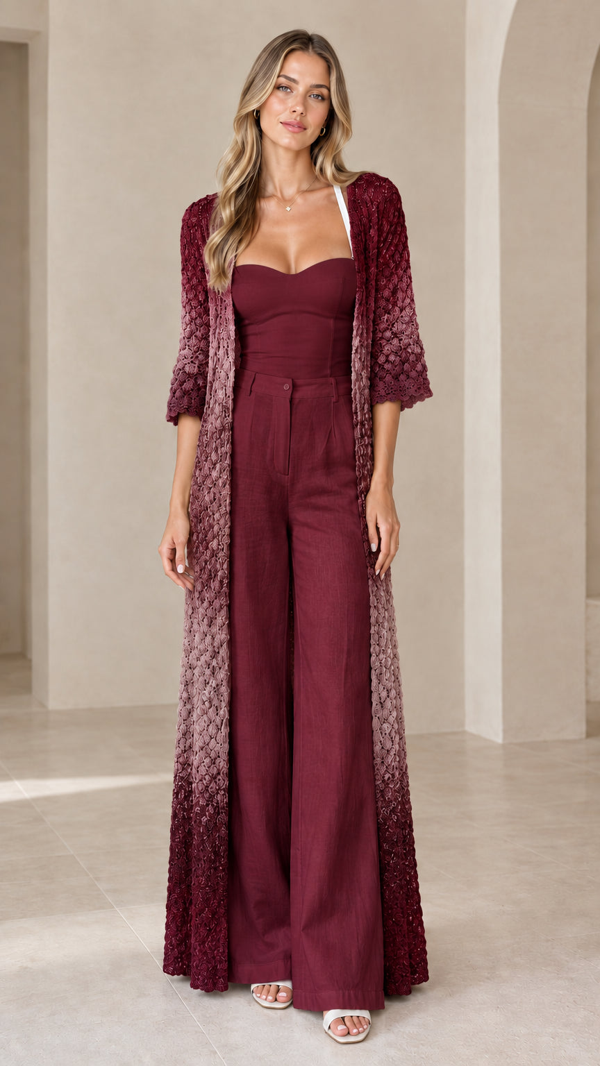 Front view of woman wearing Burgundy Multi ombré crochet maxi duster cardigan over matching wine jumpsuit