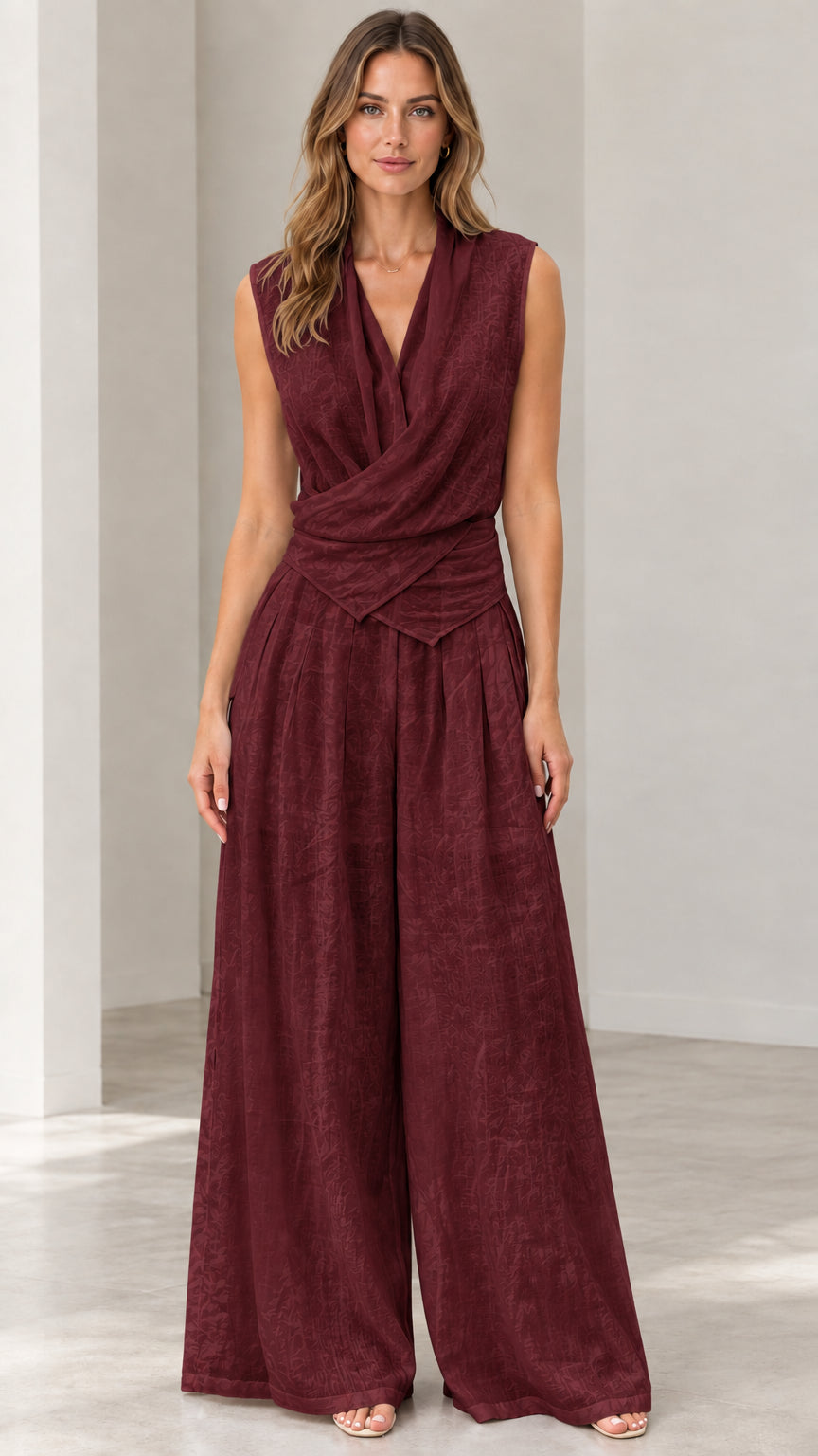 Front view of woman wearing burgundy sleeveless draped wide-leg jumpsuit