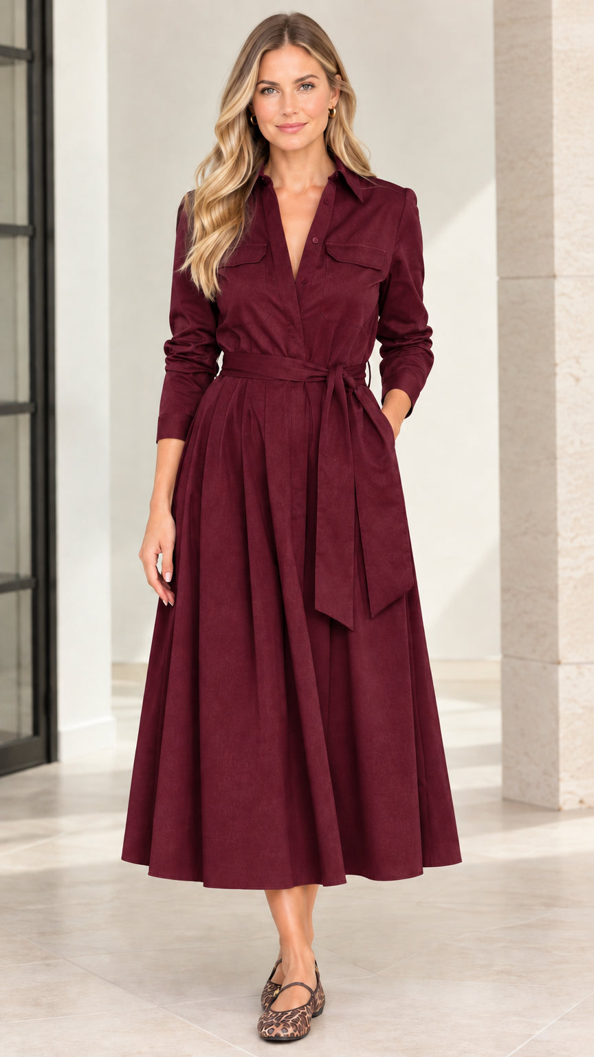 Model wearing rich burgundy wine belted midi shirt dress with collar