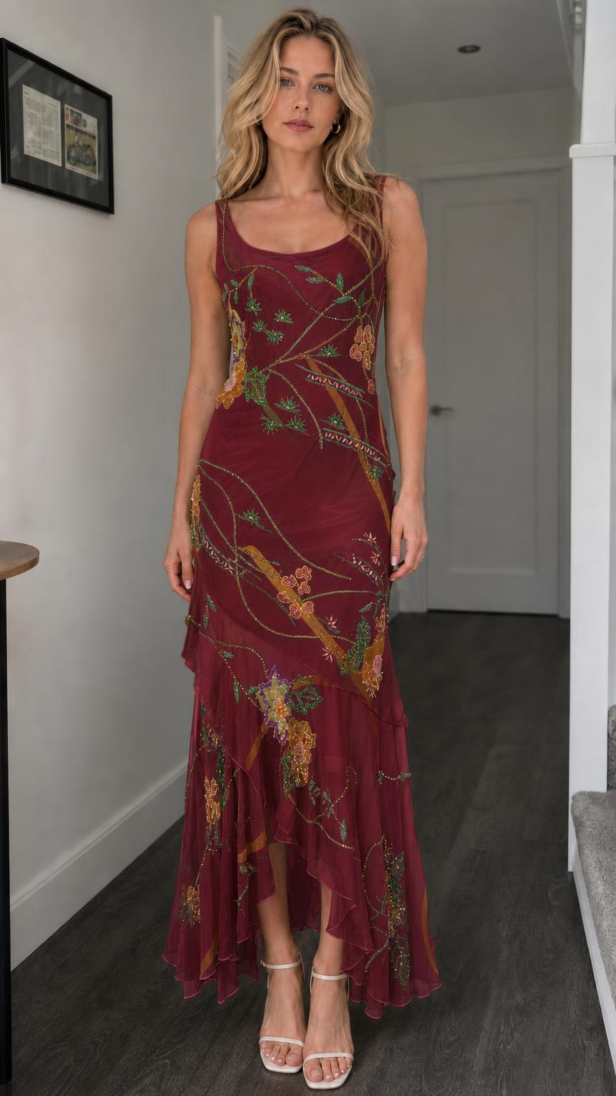 Front view of burgundy floral beaded mesh maxi dress
