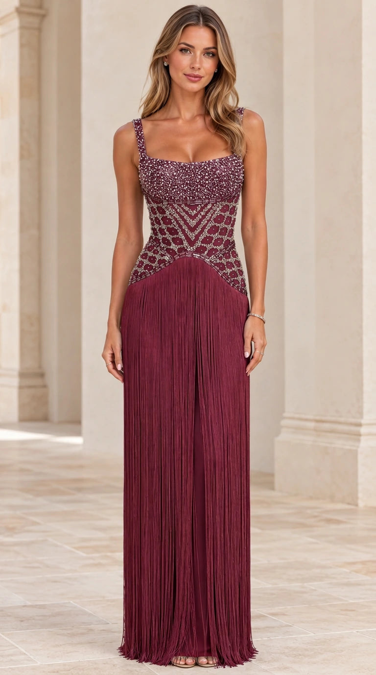 Front view of rich burgundy wine beaded bodice fringe maxi dress
