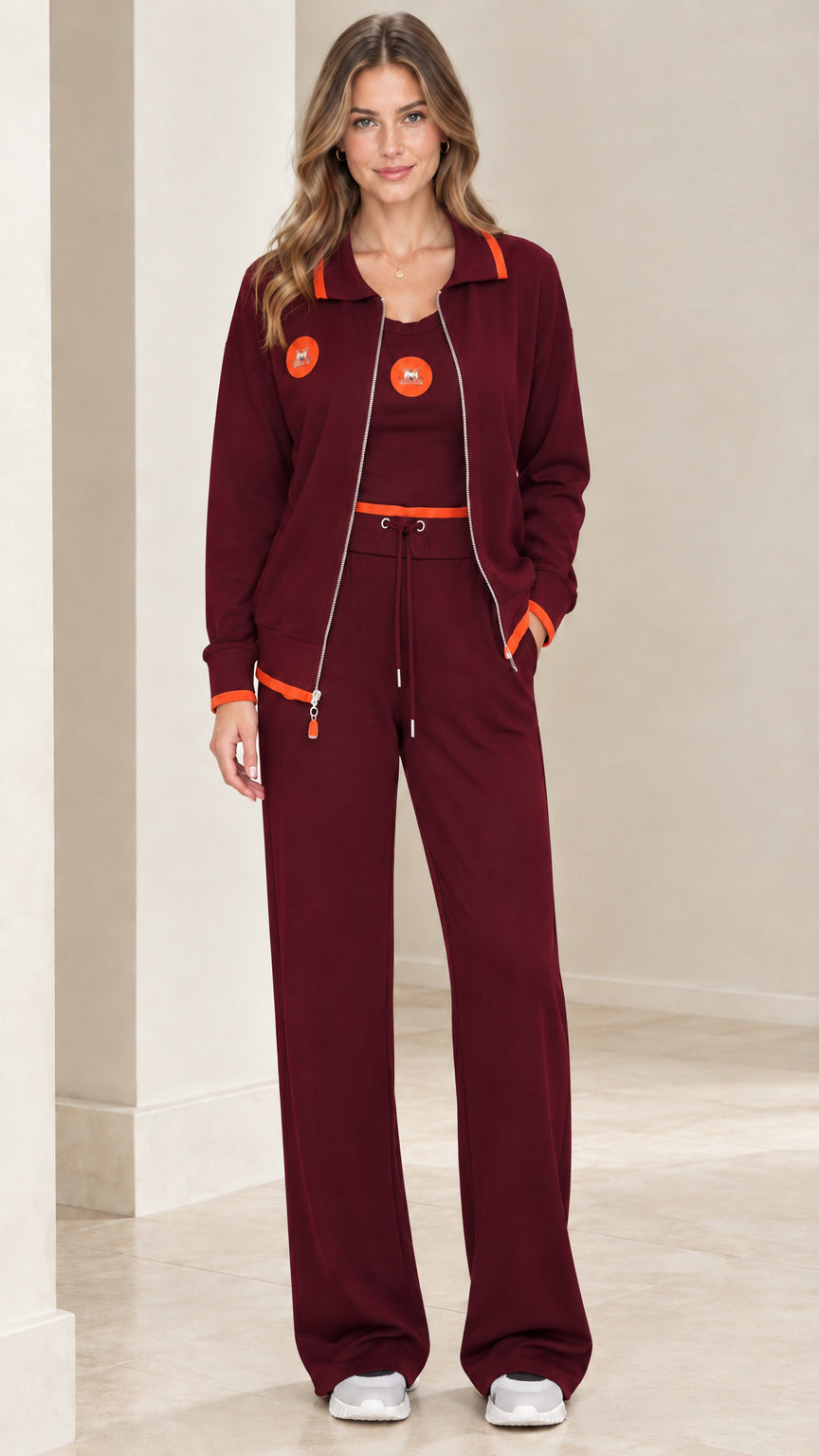 Full front view of burgundy wine red 3-piece tracksuit set with orange accents