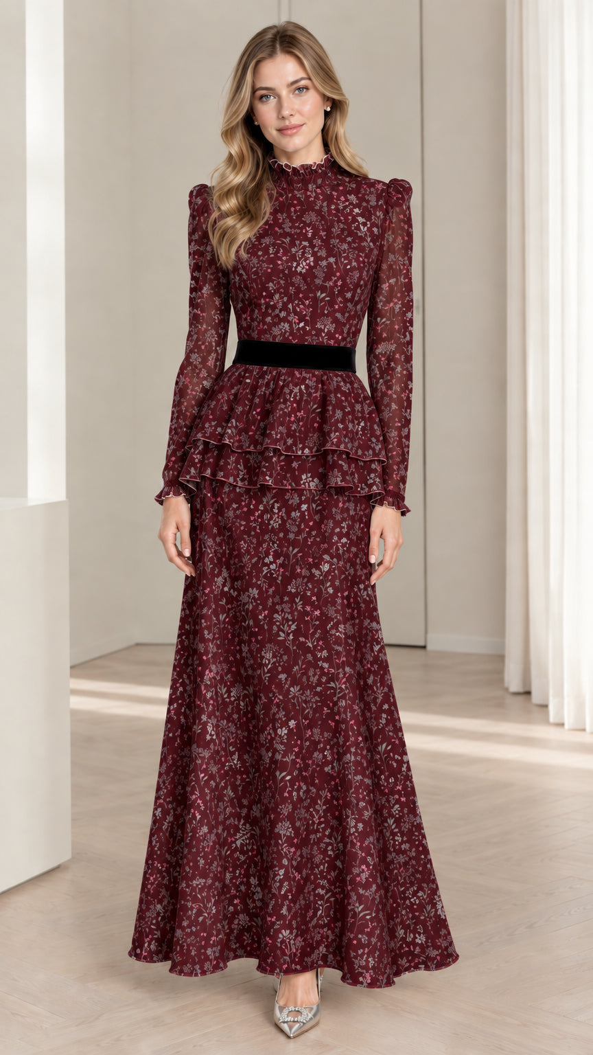 Model wearing burgundy floral tiered peplum formal maxi dress