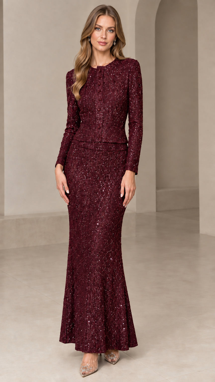 Front view of model wearing Burgundy wine sequin long sleeve evening gown set