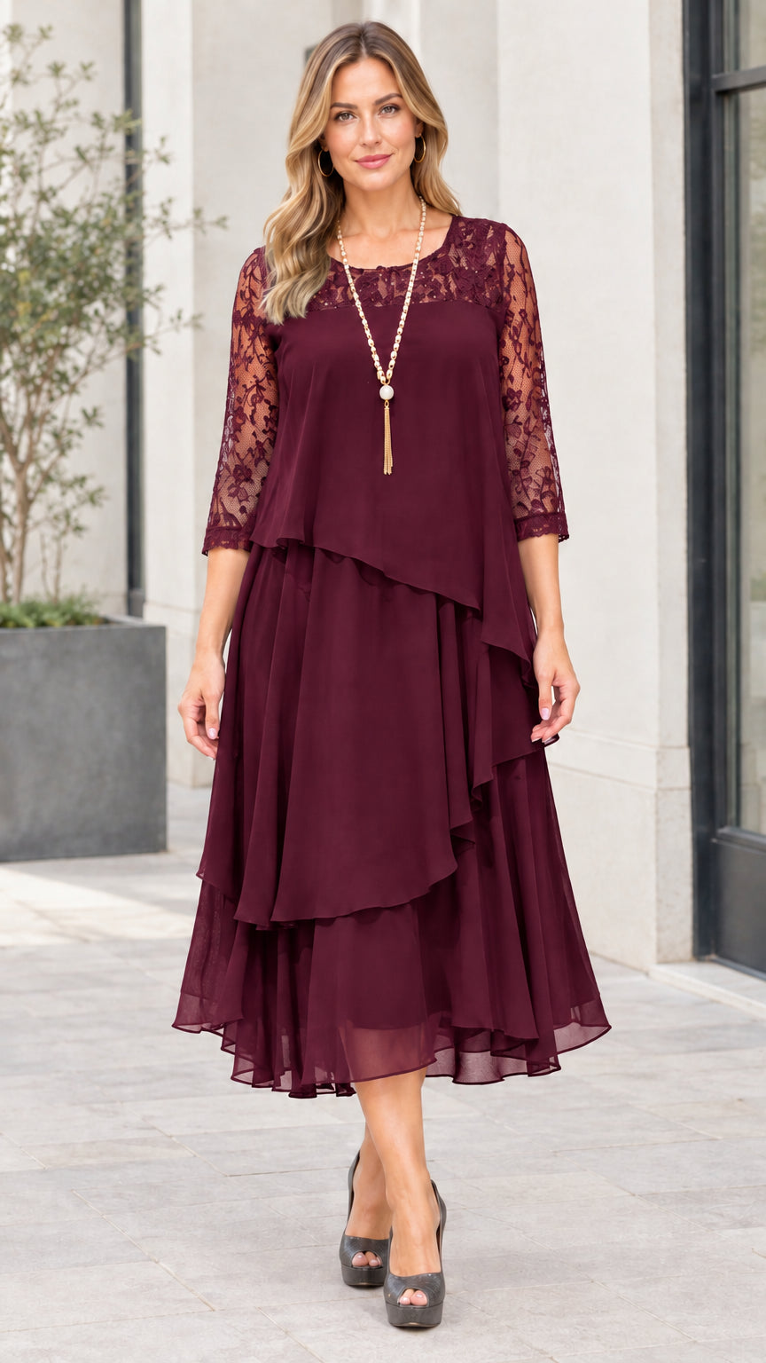 Burgundy wine tiered chiffon midi dress with lace yoke and 3/4 sleeves