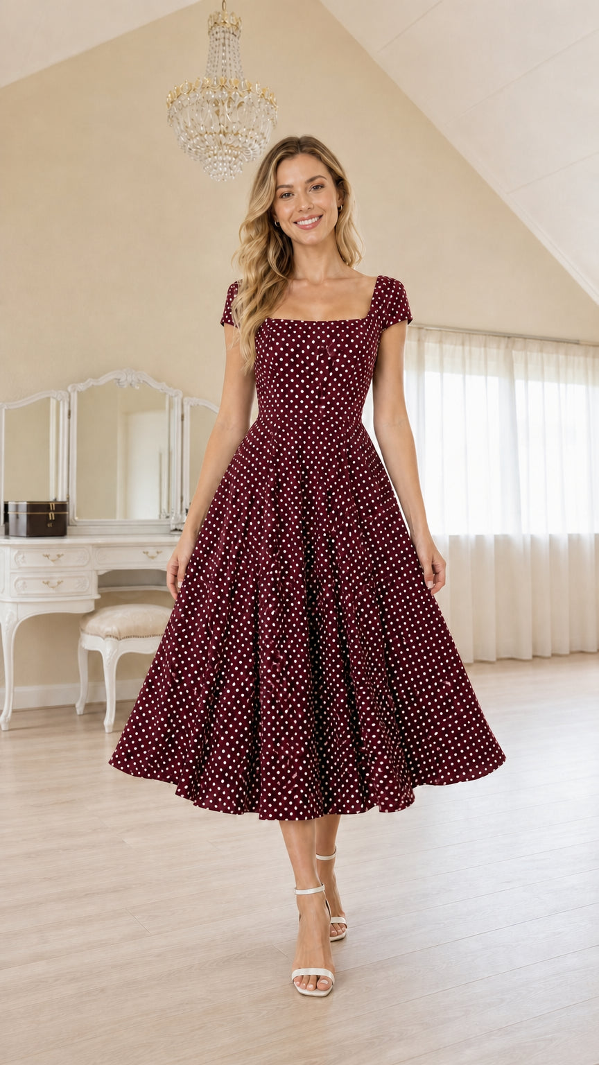 Model wearing Burgundy polka dot midi dress