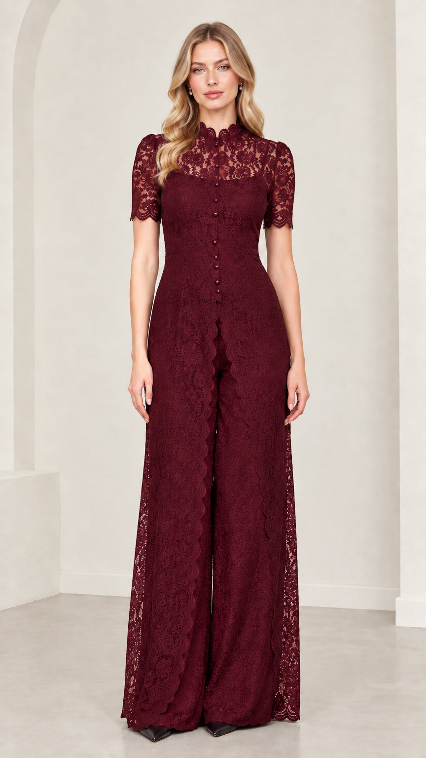 Front full-length view of burgundy floral lace wide-leg evening jumpsuit