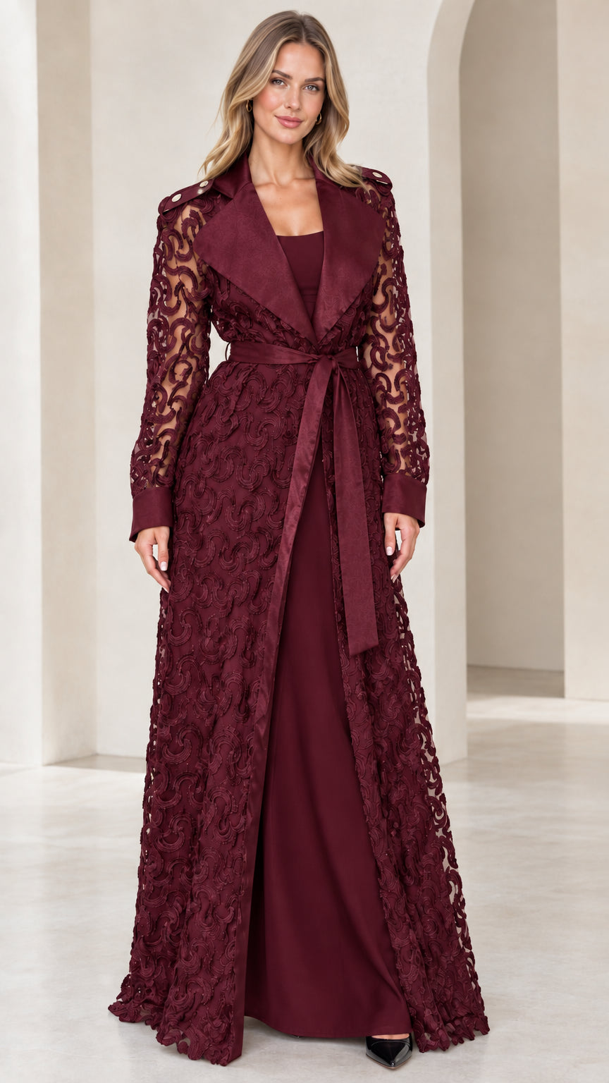 Model wearing burgundy wine floral lace maxi evening trench coat