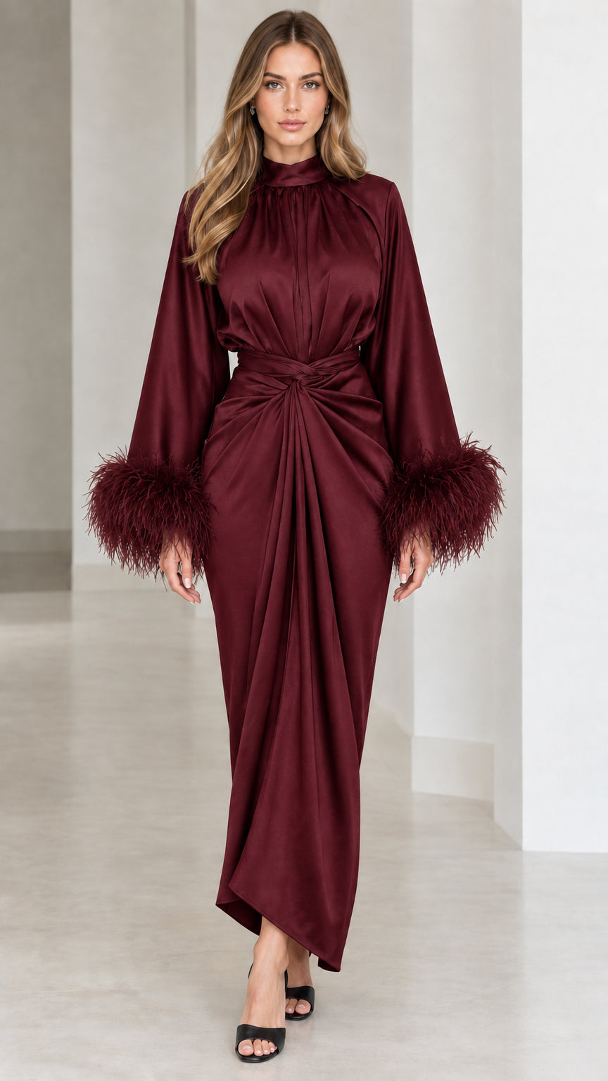 Burgundy wine red satin maxi dress with mock neckline and feather trims
