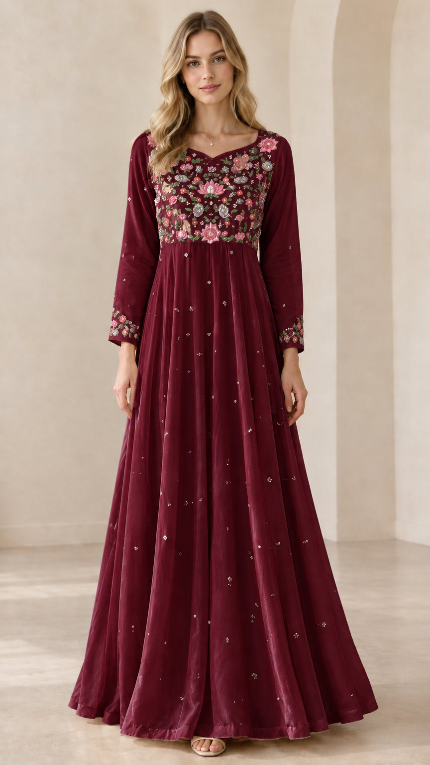 Burgundy floral embroidered long sleeve formal maxi dress