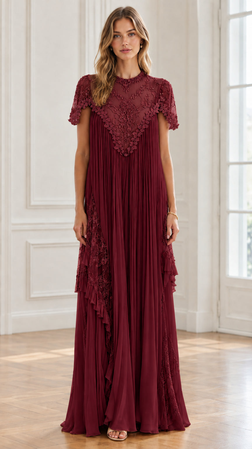 Burgundy wine red pleated lace formal maxi dress