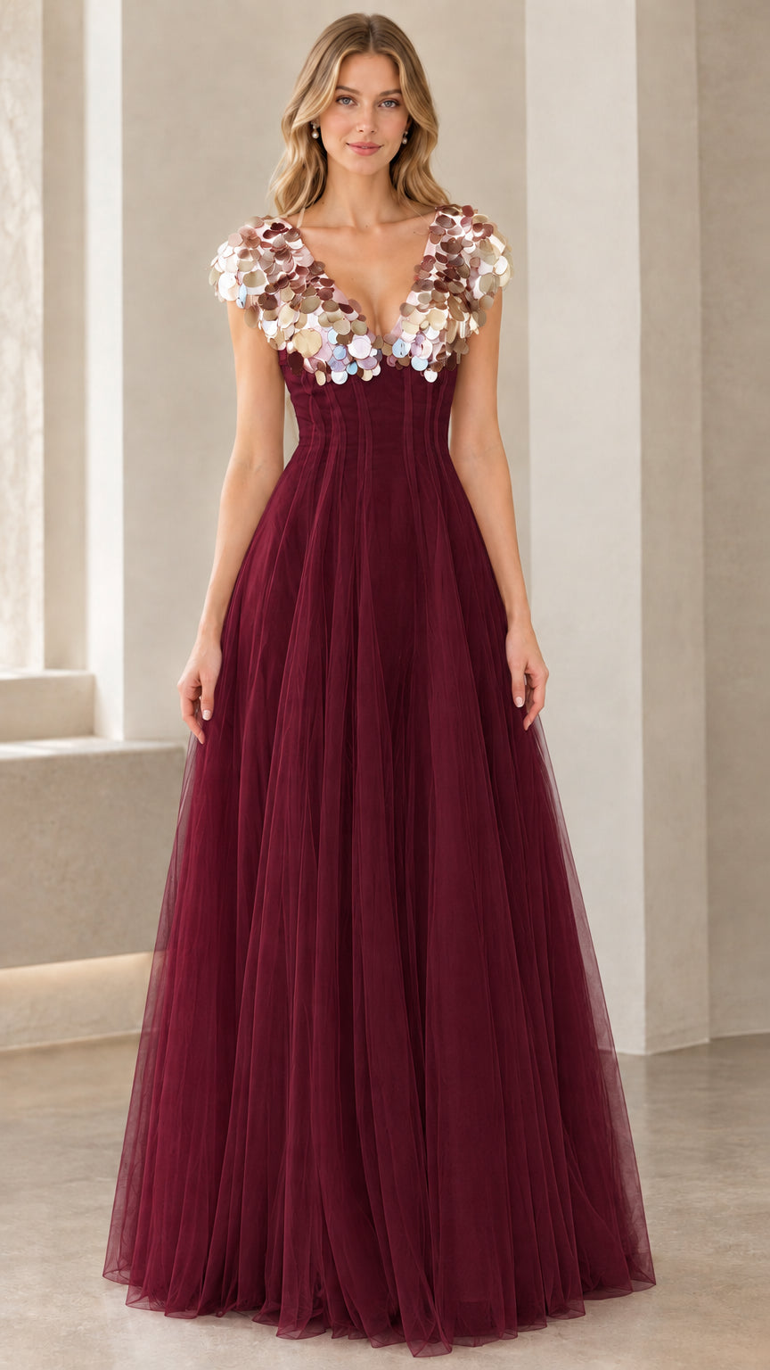 Model wearing burgundy red sequin cap sleeve tulle evening gown