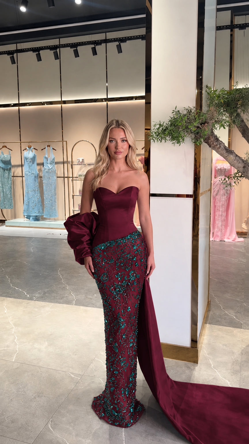 Model wearing burgundy wine red beaded formal evening dress with sweeping train