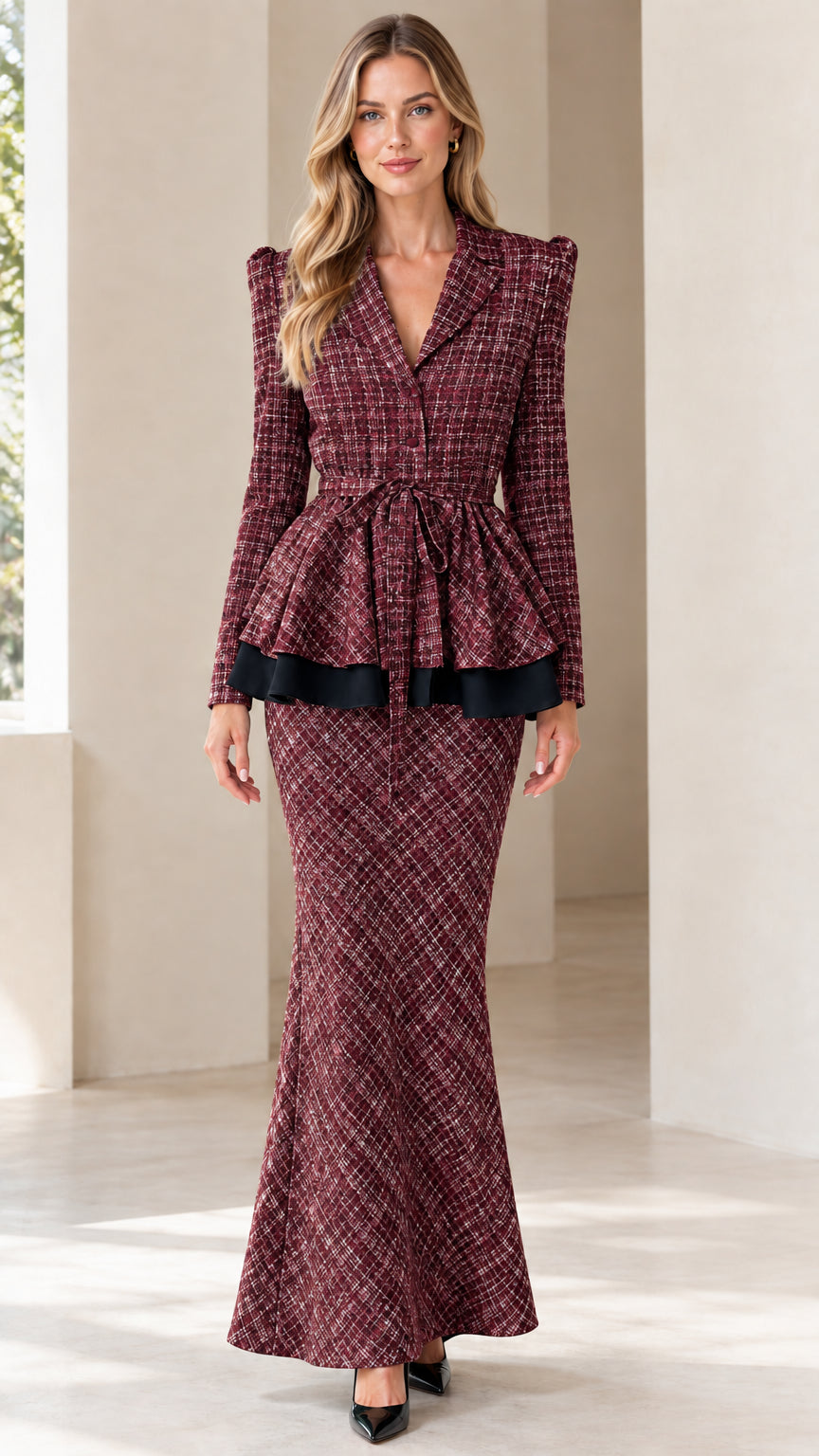 Front view of woman wearing burgundy wine tweed peplum blazer and matching maxi skirt set