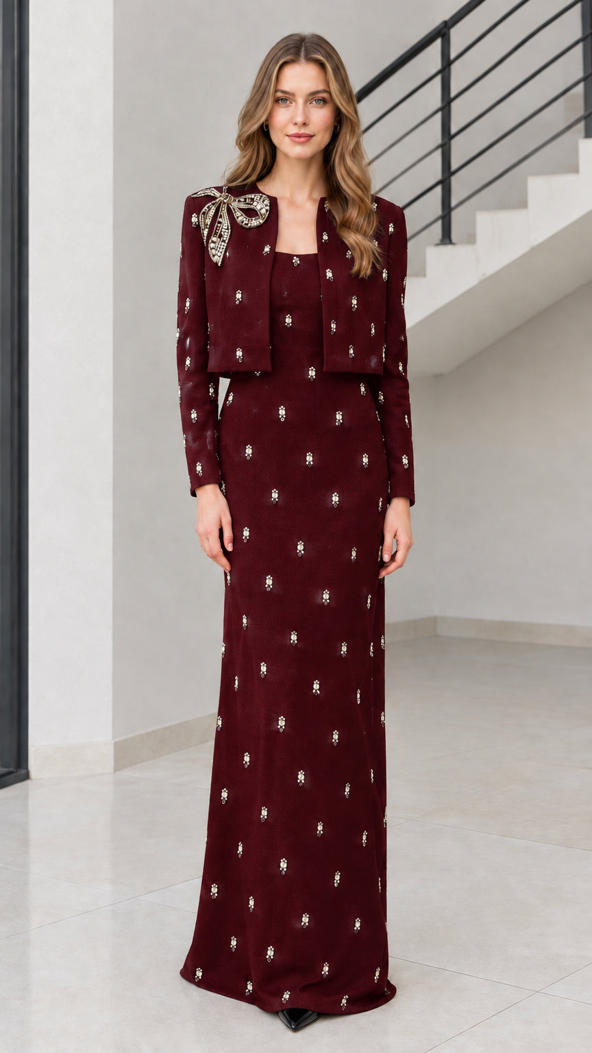 Burgundy wine red crystal-accented evening gown and bolero jacket set