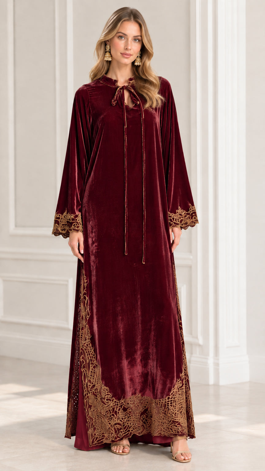 Full front view of model wearing Burgundy wine velvet maxi dress with lace trim