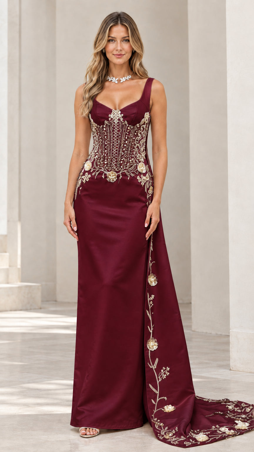 Full front view of burgundy red embroidered corset formal gown with side train