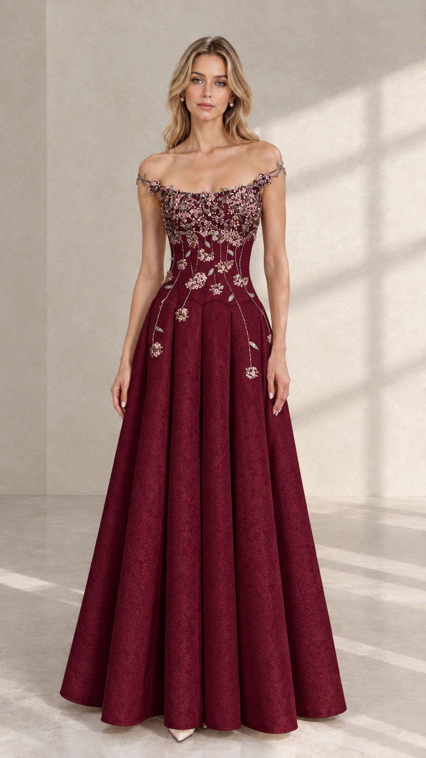 Front view of burgundy wine off-the-shoulder formal dress with 3D floral bodice