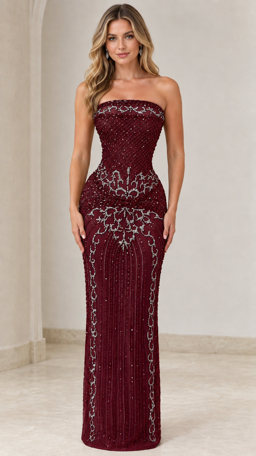 Front view of the burgundy strapless beaded evening gown variant