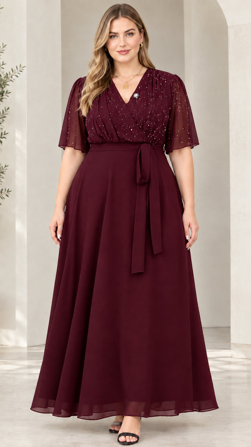 Front view of model wearing burgundy red flutter sleeve glitter evening maxi dress