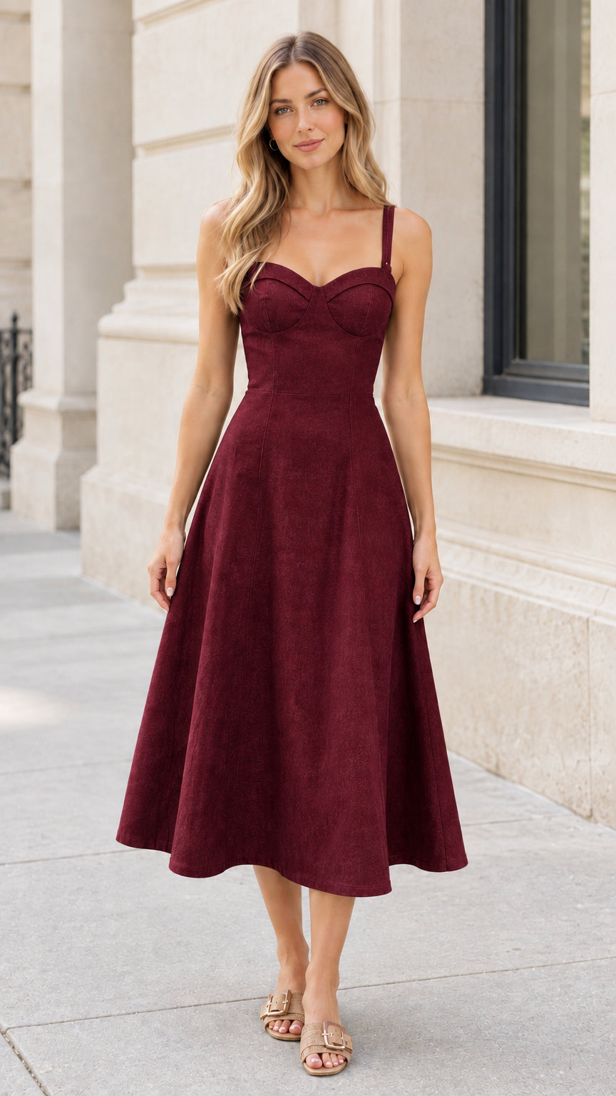 Front view of woman wearing burgundy sweetheart bustier midi dress