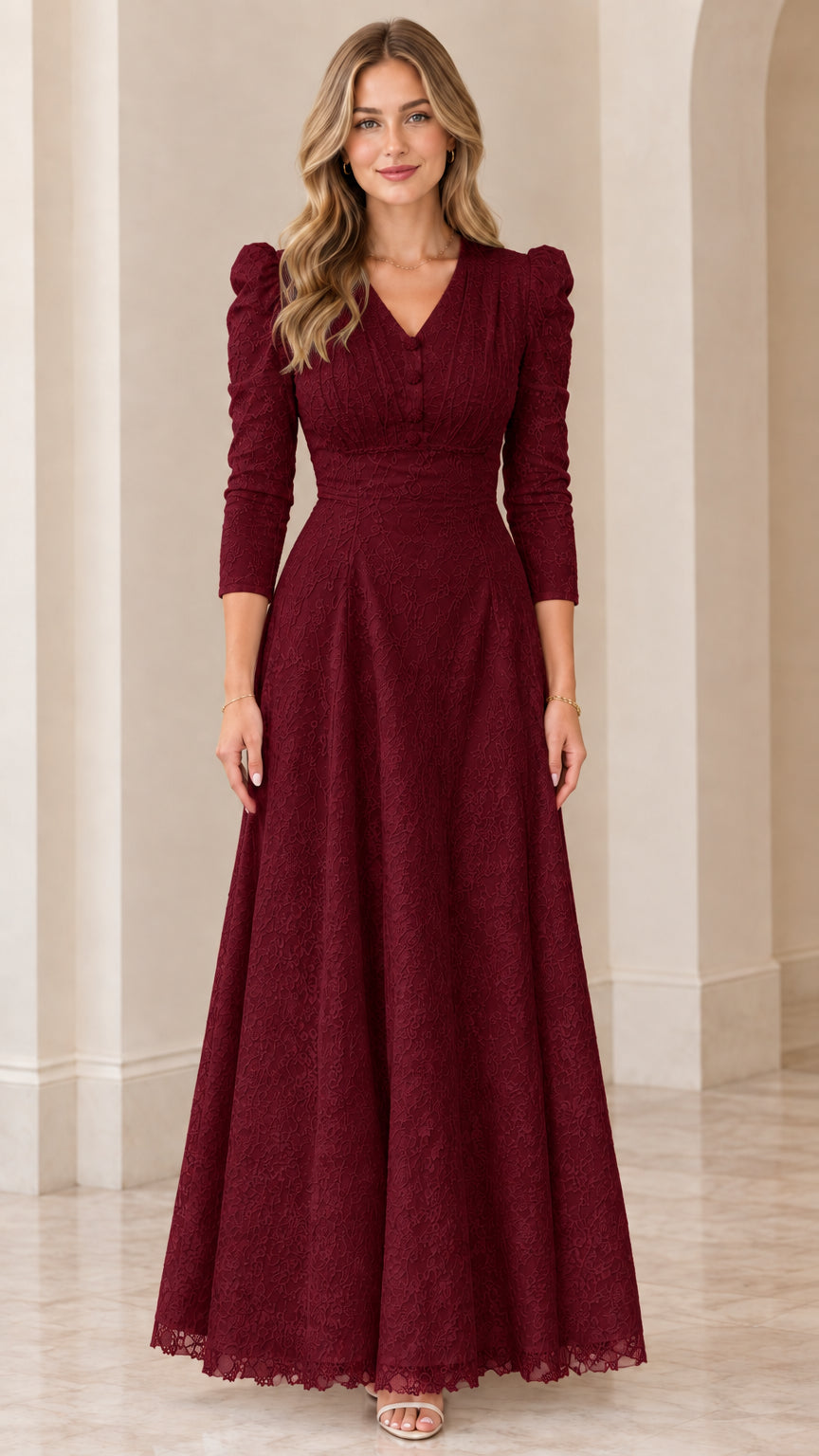 Full-length front view of woman wearing burgundy wine lace formal dress