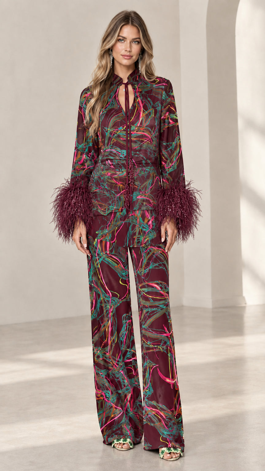 Full-length view of Burgundy feather cuff printed satin pant set