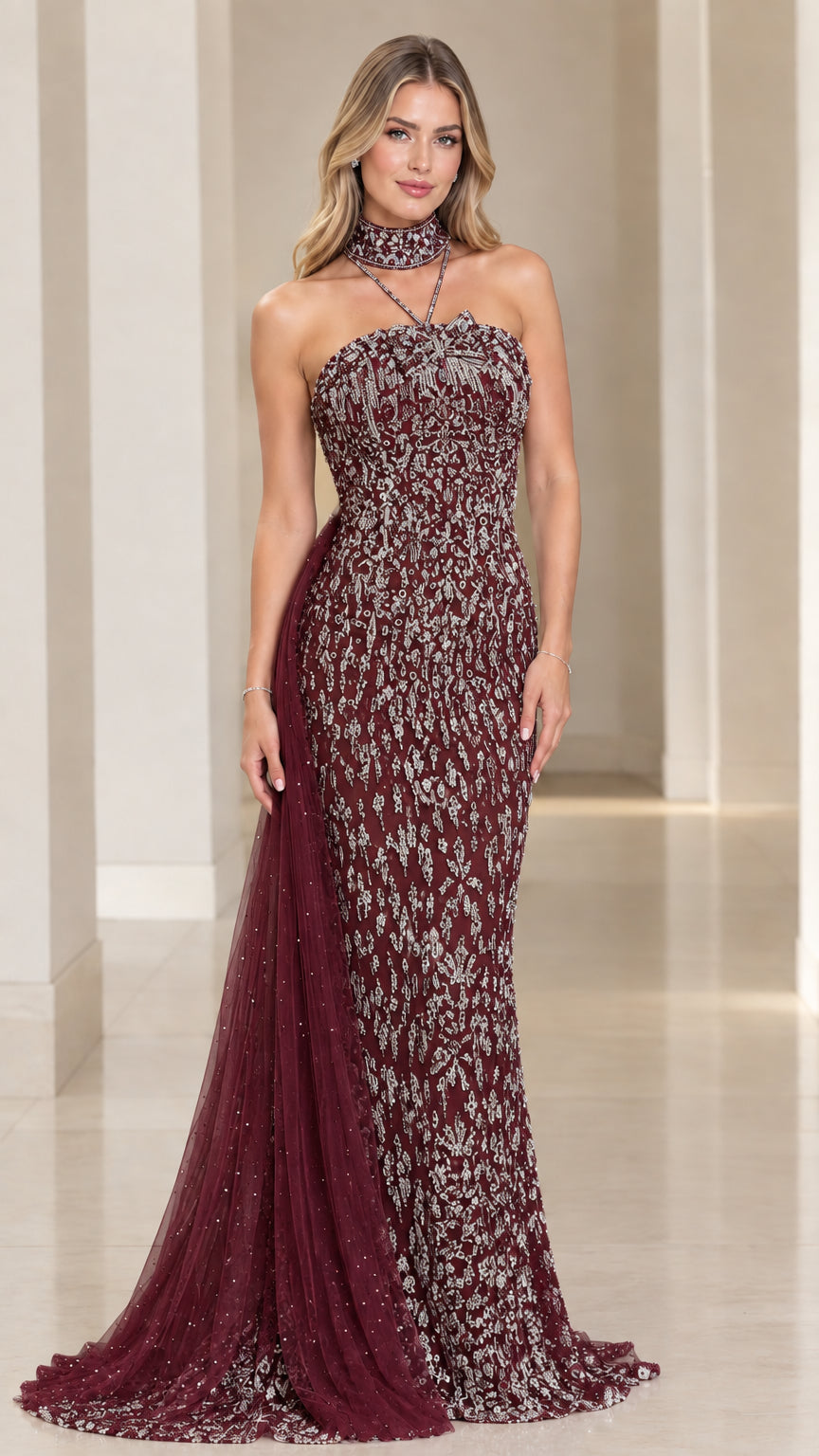 Burgundy wine sequin mermaid evening gown with choker collar