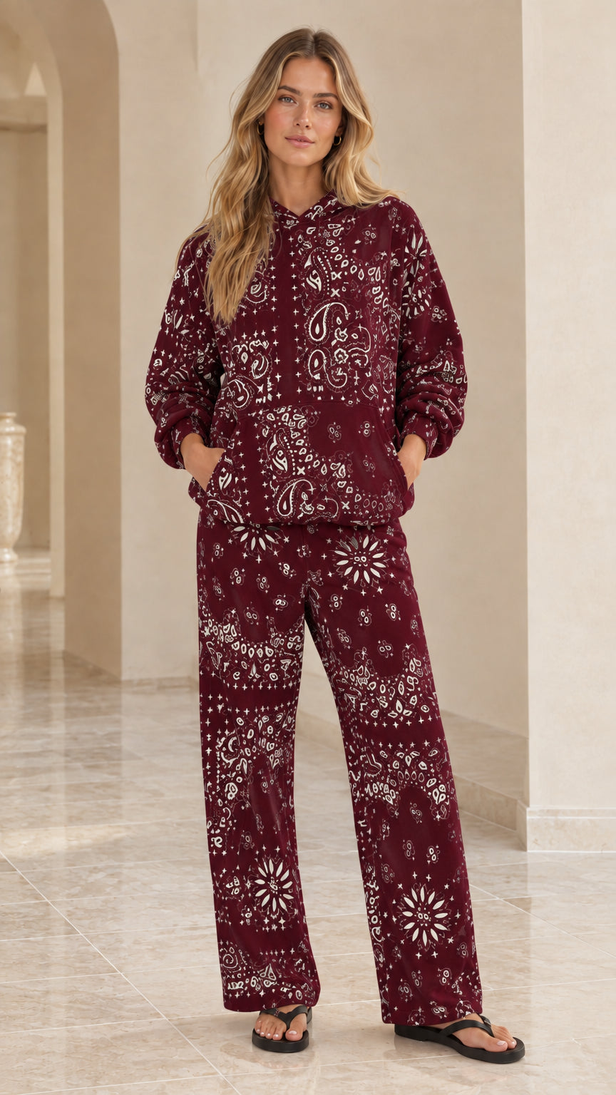 Full-body view of woman wearing burgundy bandana print hoodie and wide-leg pants set