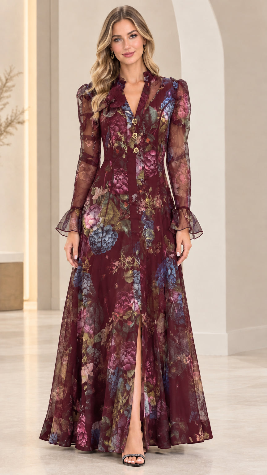 Burgundy wine floral print sheer long sleeve maxi dress