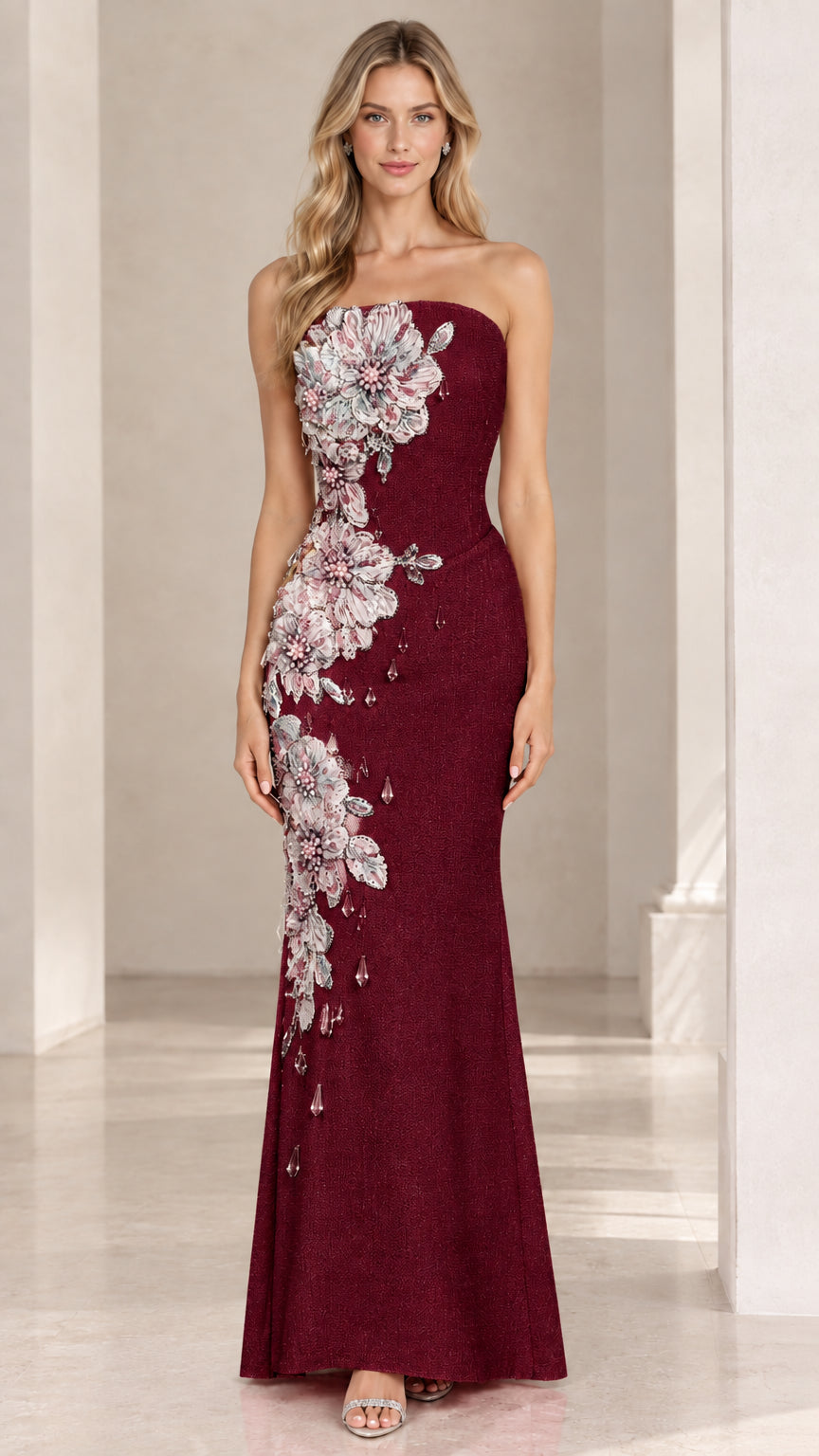 Front view of burgundy strapless floor-length mermaid gown with floral applique