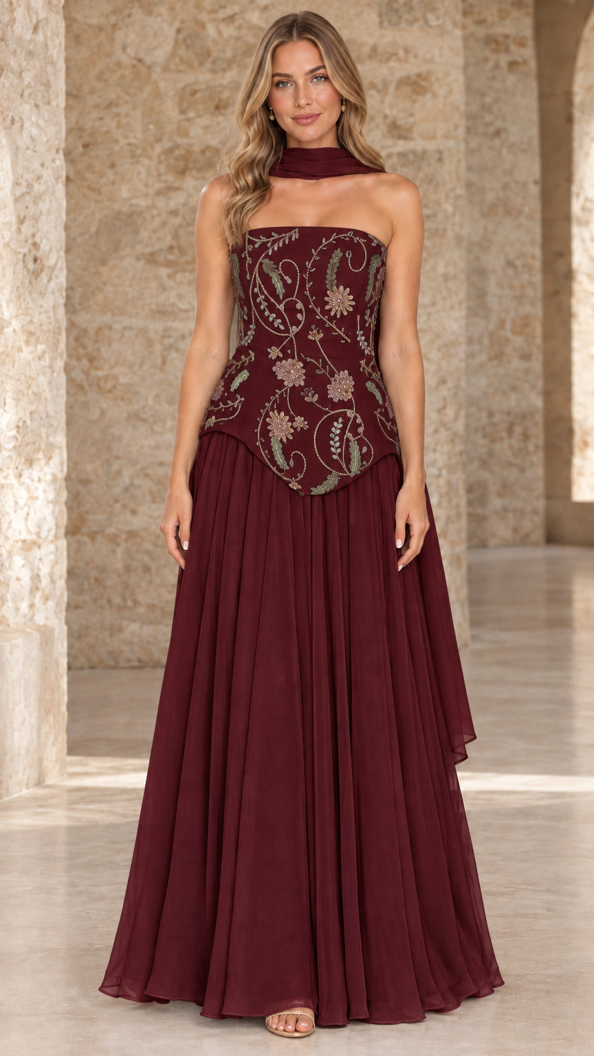Front full view of burgundy red strapless evening dress with embellished bodice