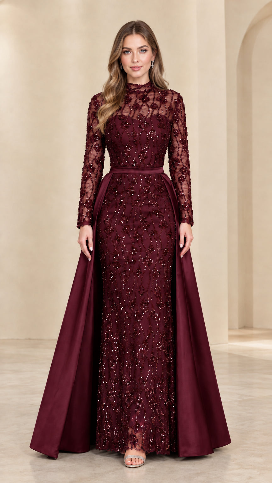 Front view of model in Burgundy wine sequined lace evening dress with overskirt