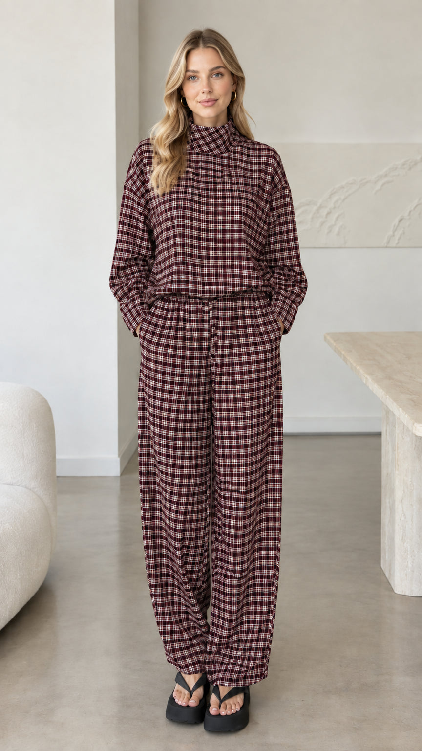Front view of woman wearing burgundy wine plaid matching two-piece set