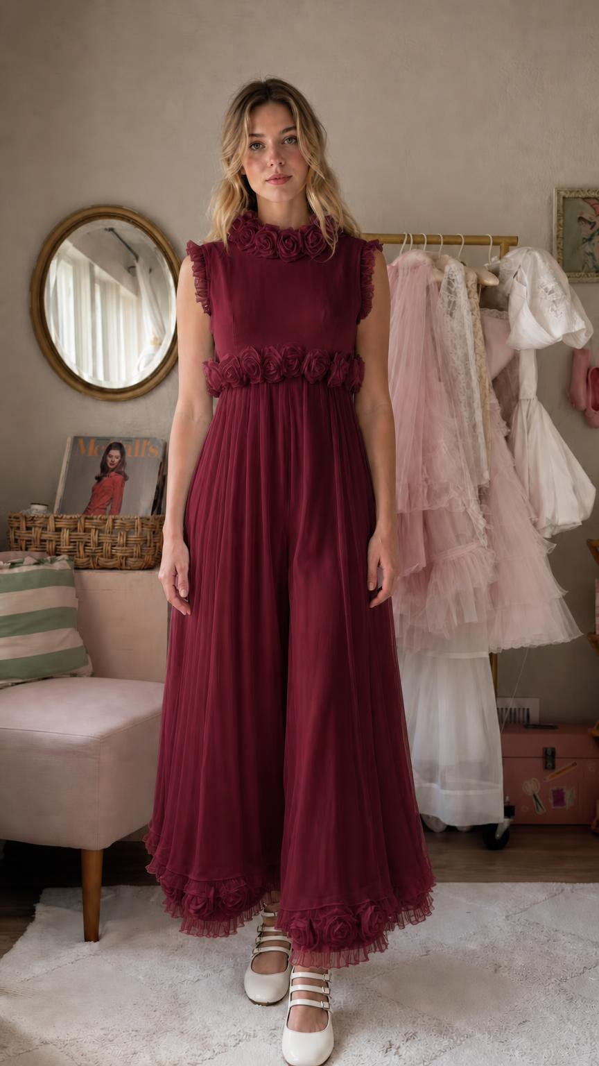 Front view of burgundy red ruffled maxi dress
