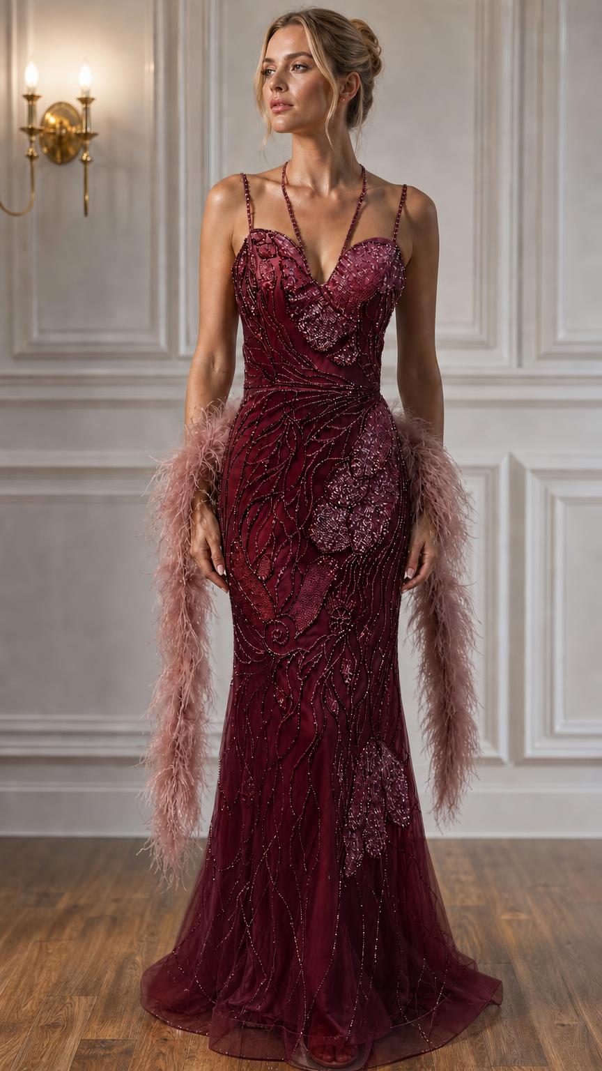 Model wearing burgundy beaded evening gown