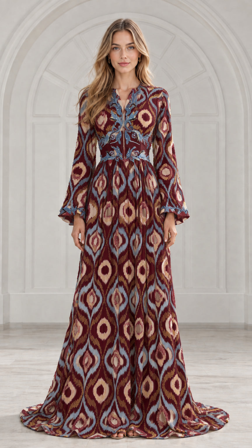 Front view of model wearing burgundy wine ikat print pleated maxi dress