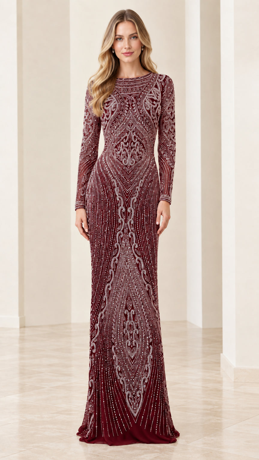 Burgundy wine red long sleeve sequin evening dress