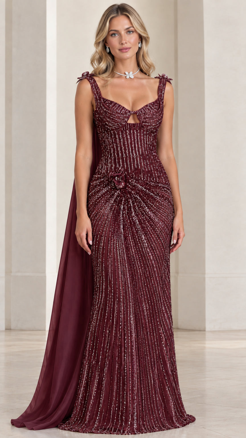 Model wearing burgundy wine red beaded gown with floor-length cape